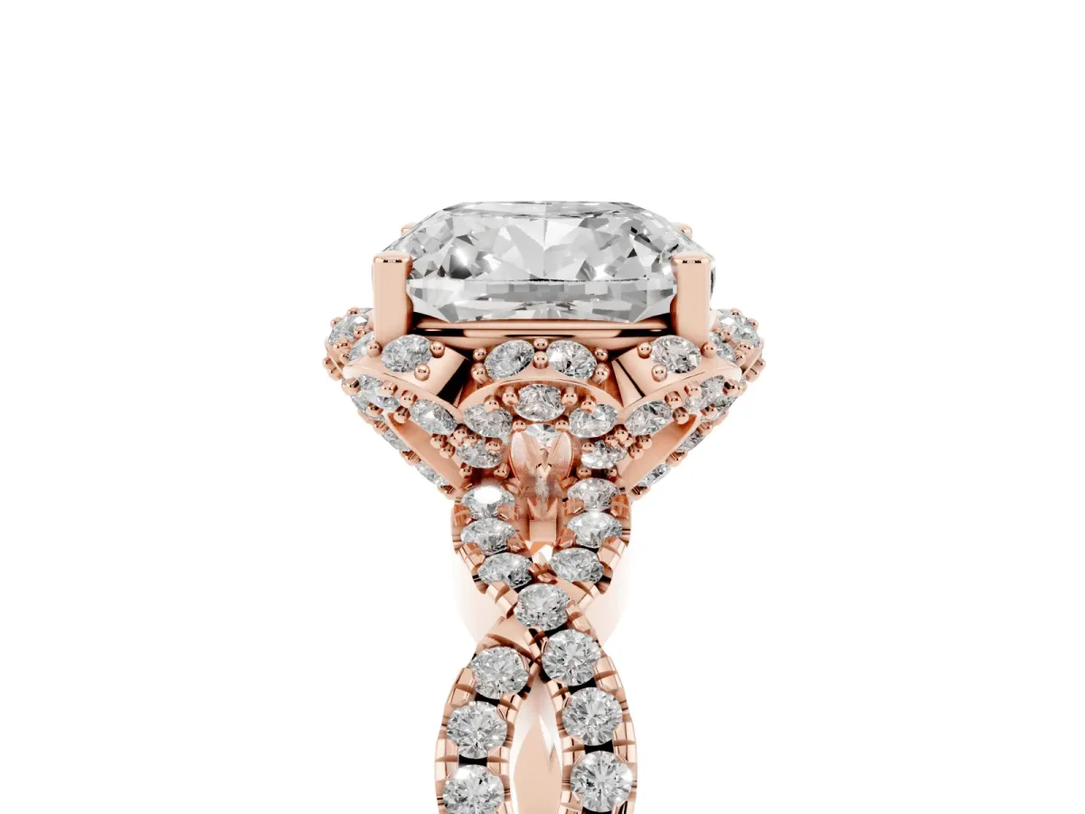 Cushion Cut Halo Twist Band Solitaire Ring with Six-Prong Setting Rose gold