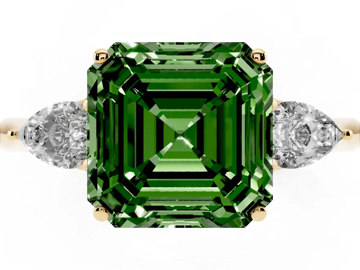 Fancy Green Asscher Cut Diamond Three-Stone Ring with Pear Side Stones and Prong Setting Yellow gold