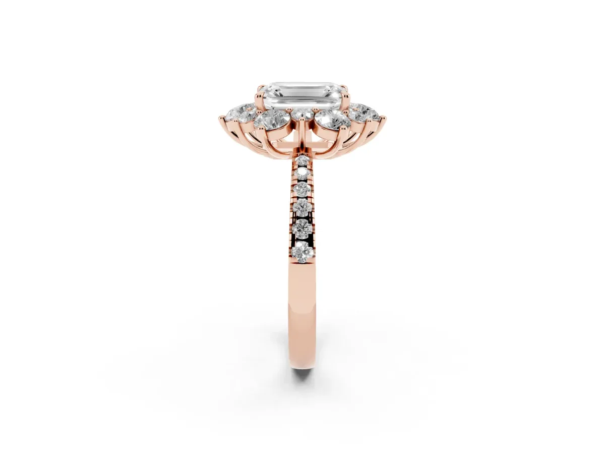 Emerald Cut Diamond Floral Halo Ring with Round Pavé Band and Prong Setting Rose gold