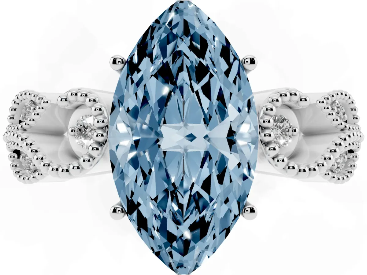 Fancy Blue Marquise Cut Solitaire Milgrain Leaf Band with Prong Setting Platinum
