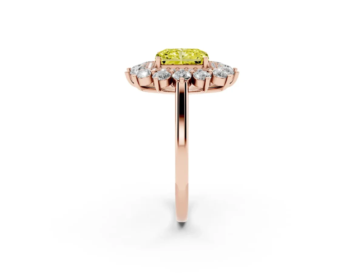 Fancy Yellow Radiant Cut Diamond Floral Double Halo Engagement Ring with Prong Setting Rose gold