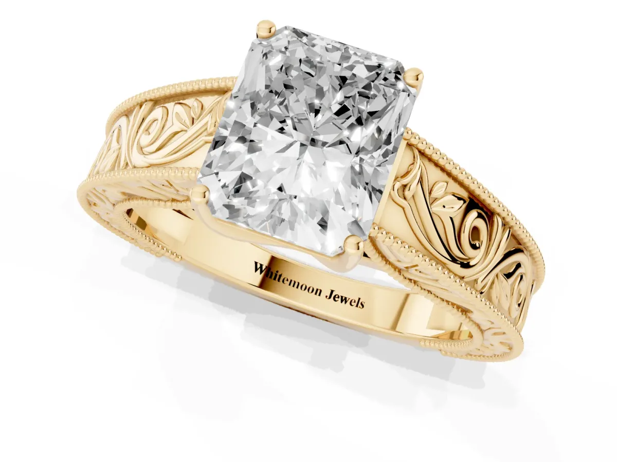 Radiant Cut Diamond Solitaire Ring with Engraved Band and Four-Prong Setting Yellow gold