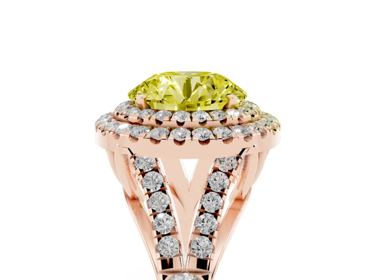Fancy Yellow Round Cut Cut Double Halo Split Shank Diamond Ring with Prong Setting Rose gold