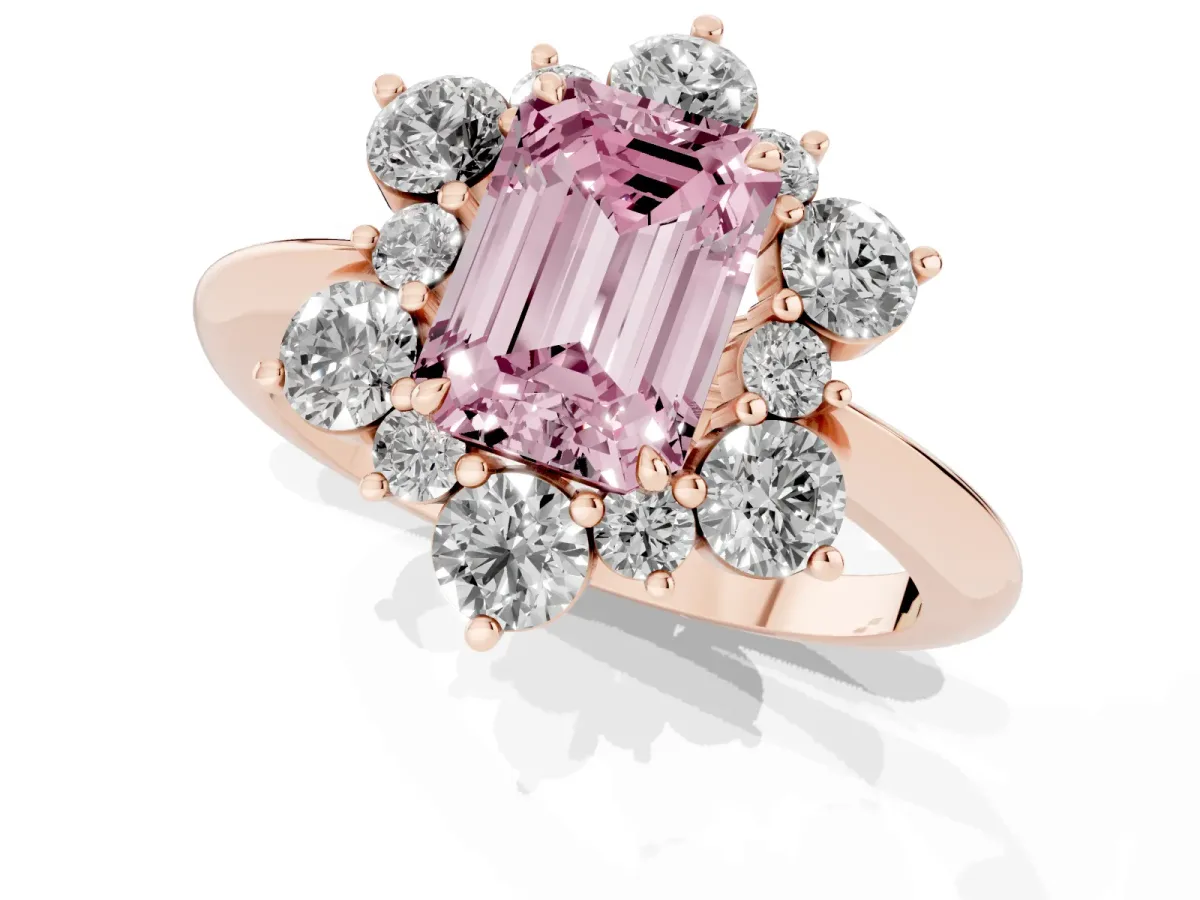 Fancy Pink Emerald Cut Diamond Cluster Halo Ring with Solitaire Band and Four-Prong Setting Rose gold