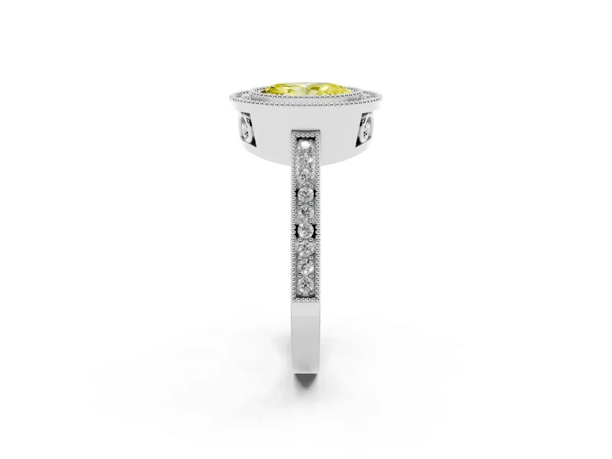 Fancy Yellow Oval Cut Cut Halo Diamond Ring with Pavé Band and Milgrain Prong Setting Platinum