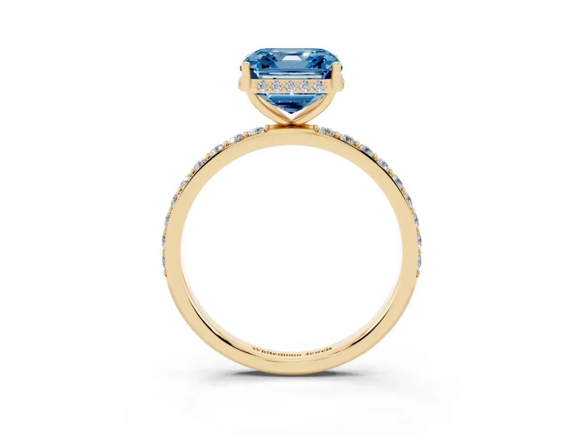 Fancy Blue Asscher Cut Diamond Solitaire Ring with Pavé Band and Hidden Halo Yellow gold