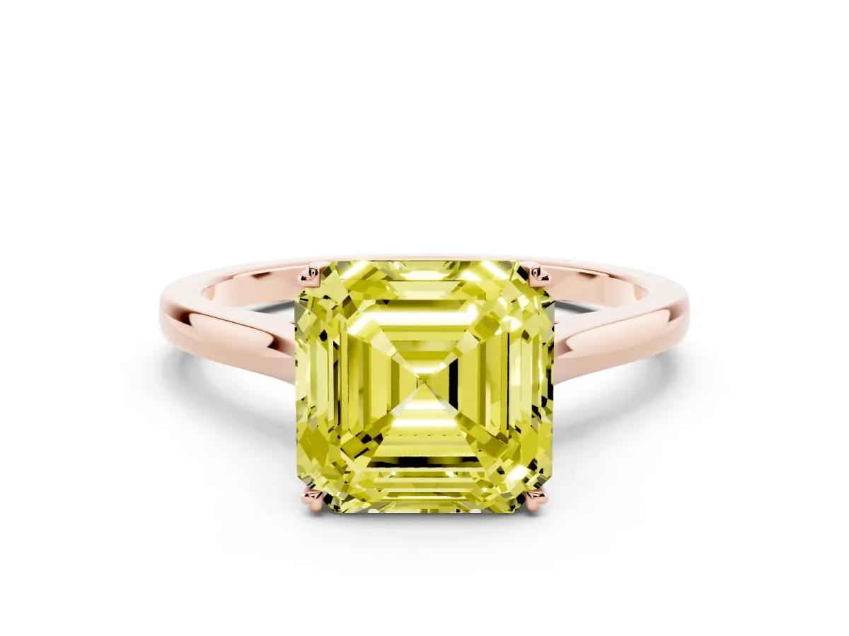 Fancy Yellow Asscher Cut Solitaire Heart Prong Engagement Ring with Tapered Band Rose gold