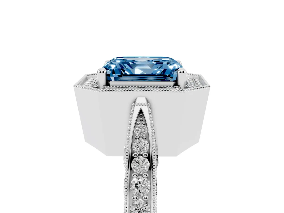 Fancy Blue Asscher Cut Halo Diamond Engagement Ring with Split Shank Band and Four-Prong Setting White gold