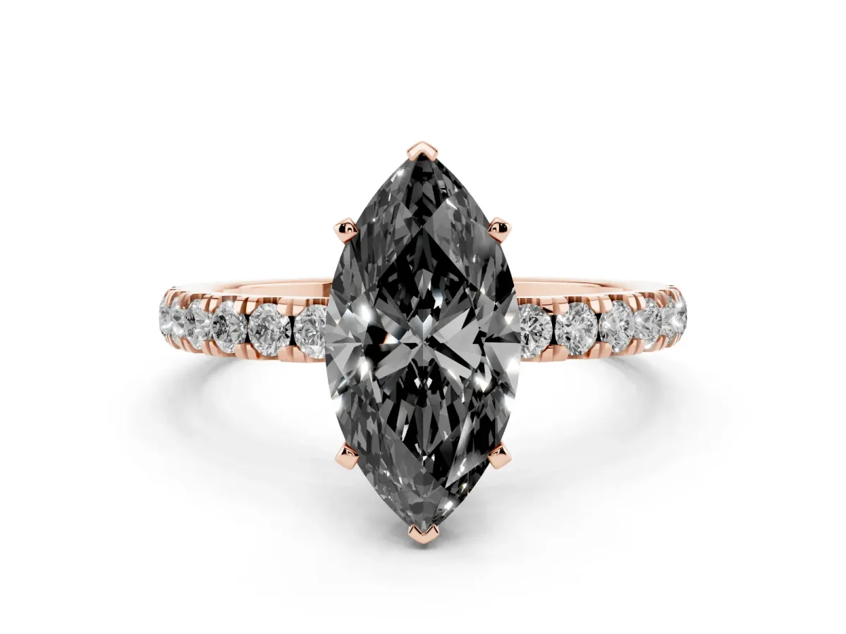 Fancy Black Marquise Cut Diamond Solitaire Ring with Pavé Accents and Four-Prong Setting Rose gold