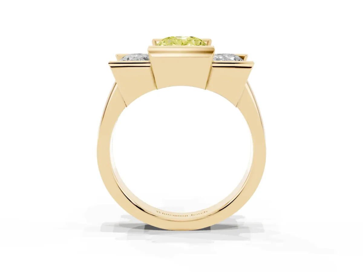 Fancy Yellow Three Stone Oval Cut Cut Channel Set Diamond Ring Yellow gold