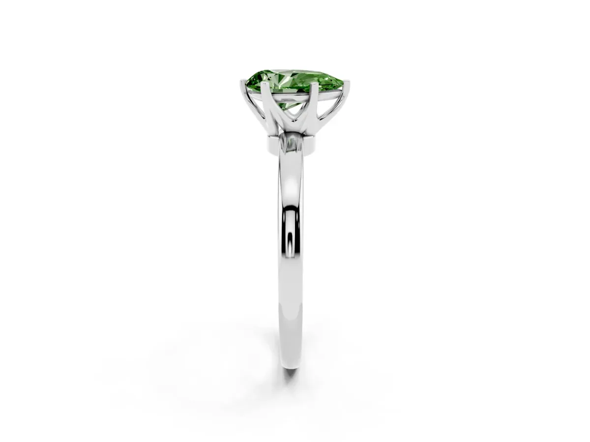 Fancy Green Pear Cut Solitaire Diamond Ring with Six-Prong Setting on a Classic Band Silver