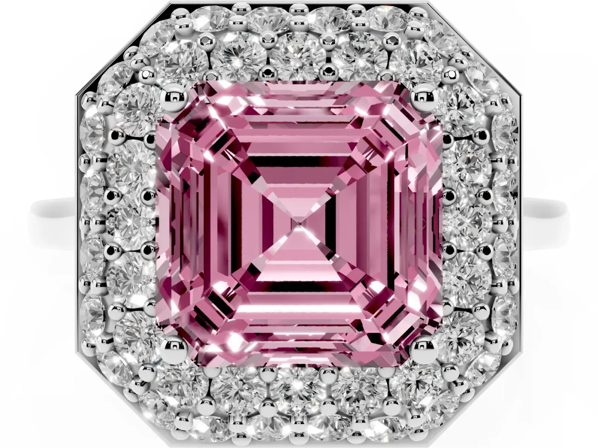 Fancy Pink Asscher Cut Halo Diamond Engagement Ring with Solitaire Band and Four-Prong Setting Silver