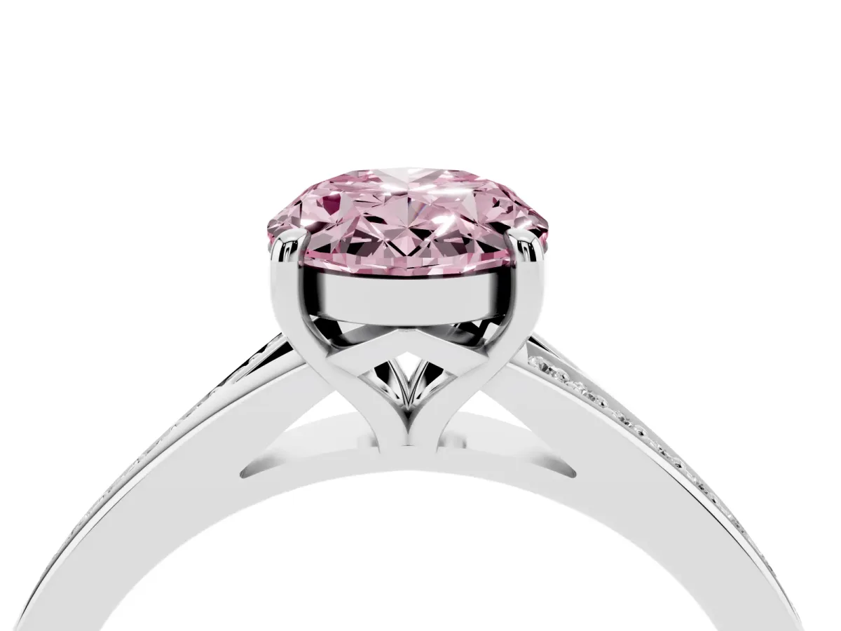 Fancy Pink Oval Cut Diamond Solitaire Ring with Pavé Band and Prong Setting Silver
