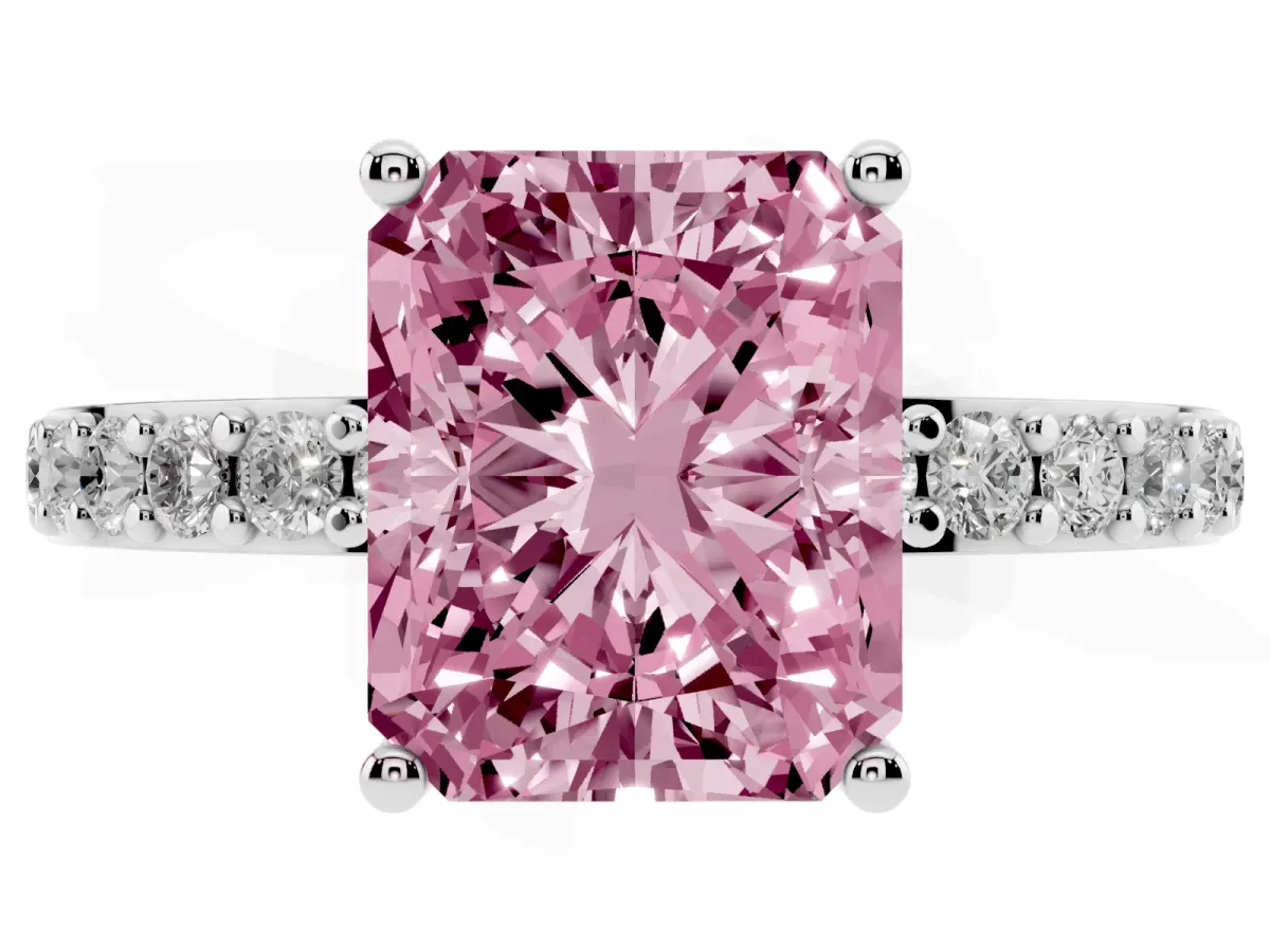 Fancy Pink Radiant Cut Cut Diamond Solitaire with Pave Band and Four-Prong Setting Platinum