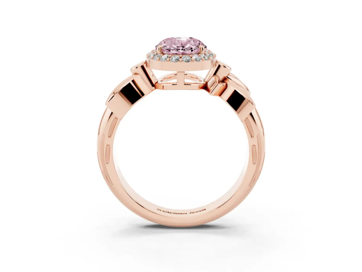 Fancy Pink Oval Cut Halo Diamond Floral Band with Four-Prong Setting Rose gold