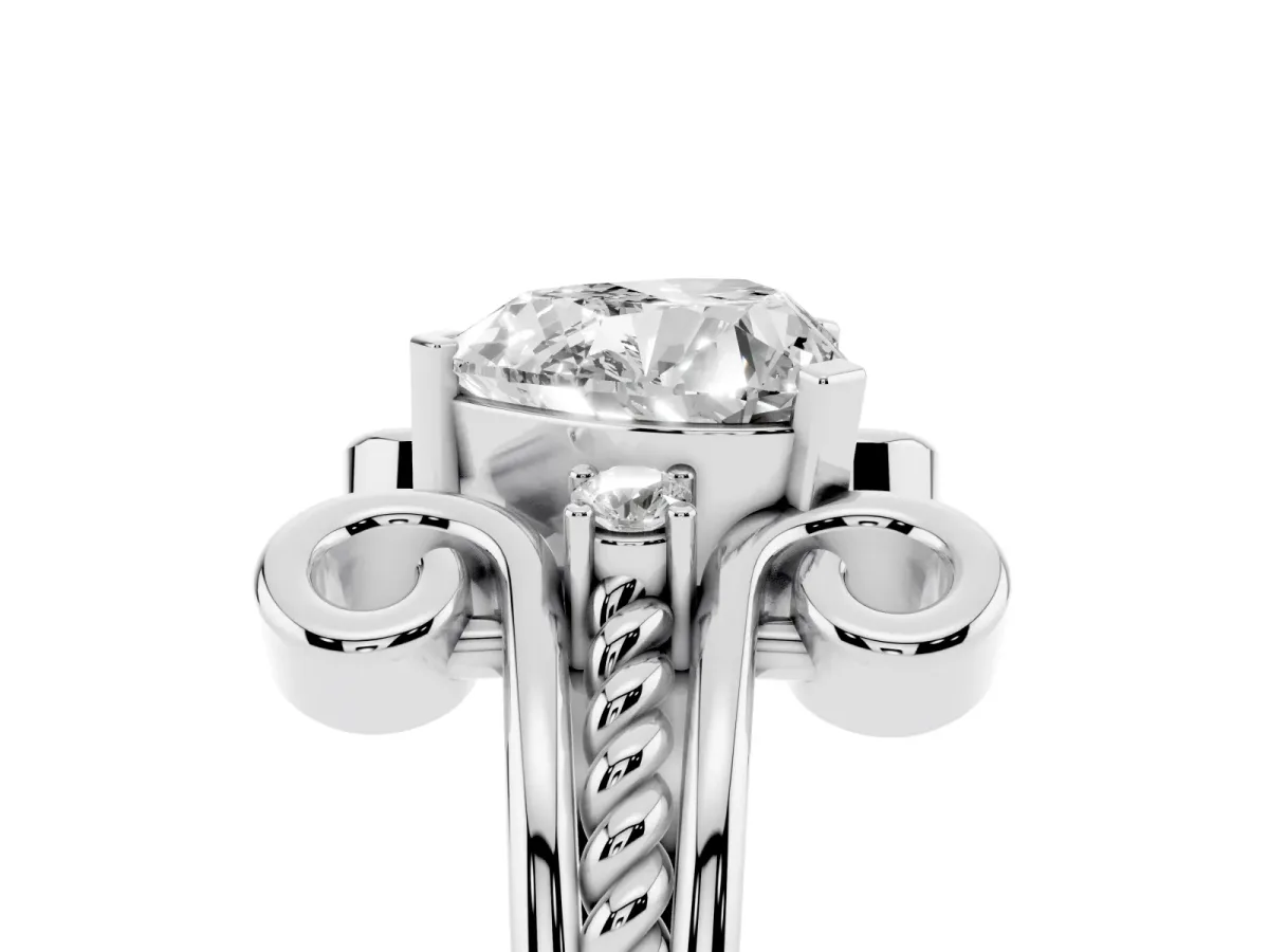 Heart Cut Solitaire Twisted Band Scroll Prong Ring Silver
