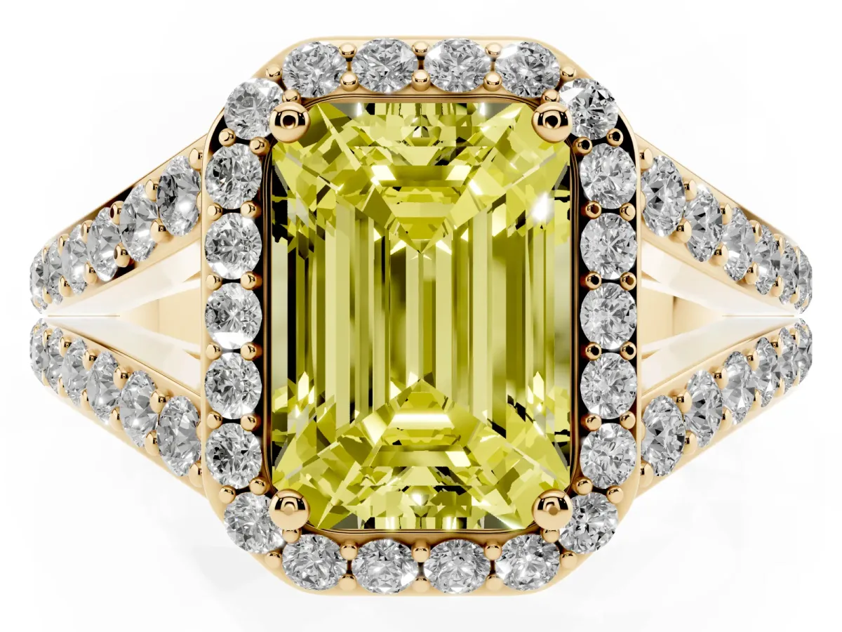 Fancy Yellow Emerald Cut Diamond Split Shank Halo Ring with Four-Prong Setting Yellow gold