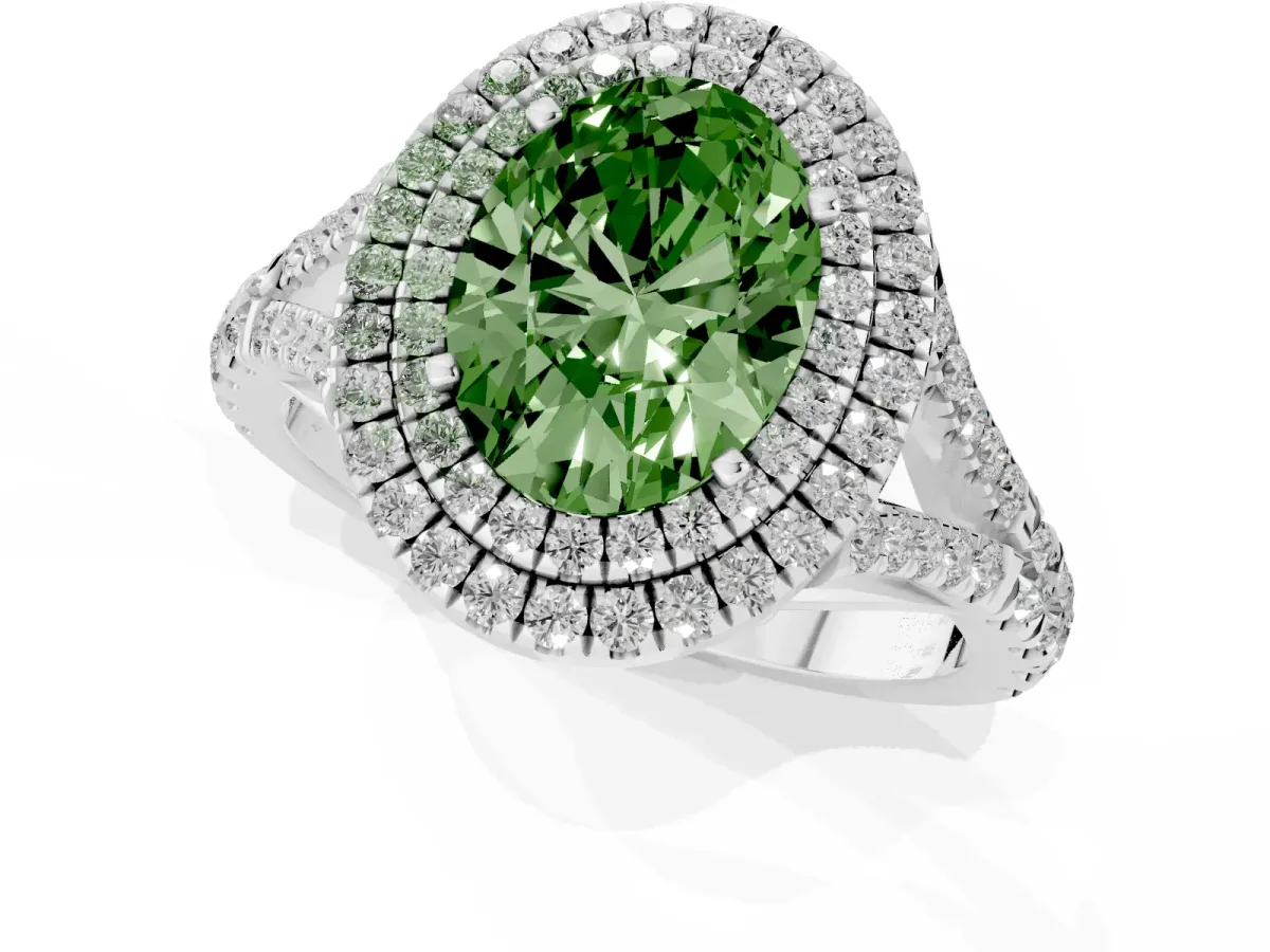 Fancy Green Oval Cut Cut Double Halo Split Shank Diamond Ring with Prong Setting Silver
