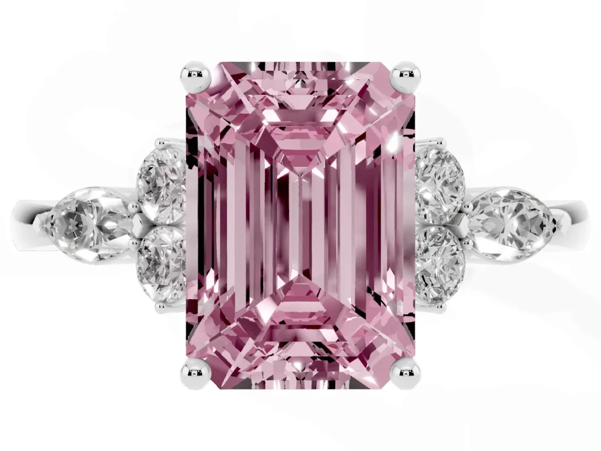 Fancy Pink Emerald Cut Brilliant Diamond Solitaire Ring with Pear Side Stones and Four-Prong Setting Platinum