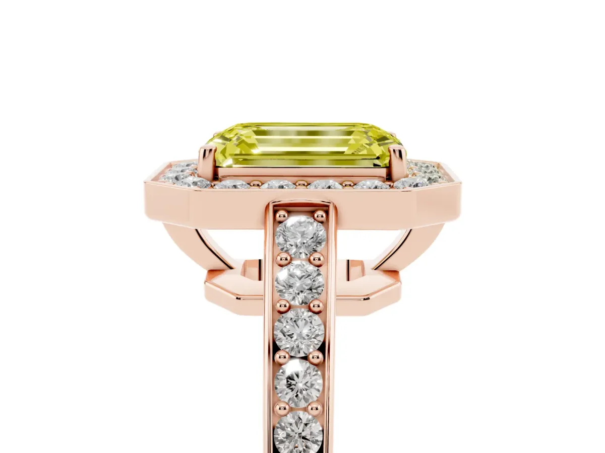 Fancy Yellow Emerald Cut Halo Pavé Diamond Engagement Ring with Bezel Setting Rose gold