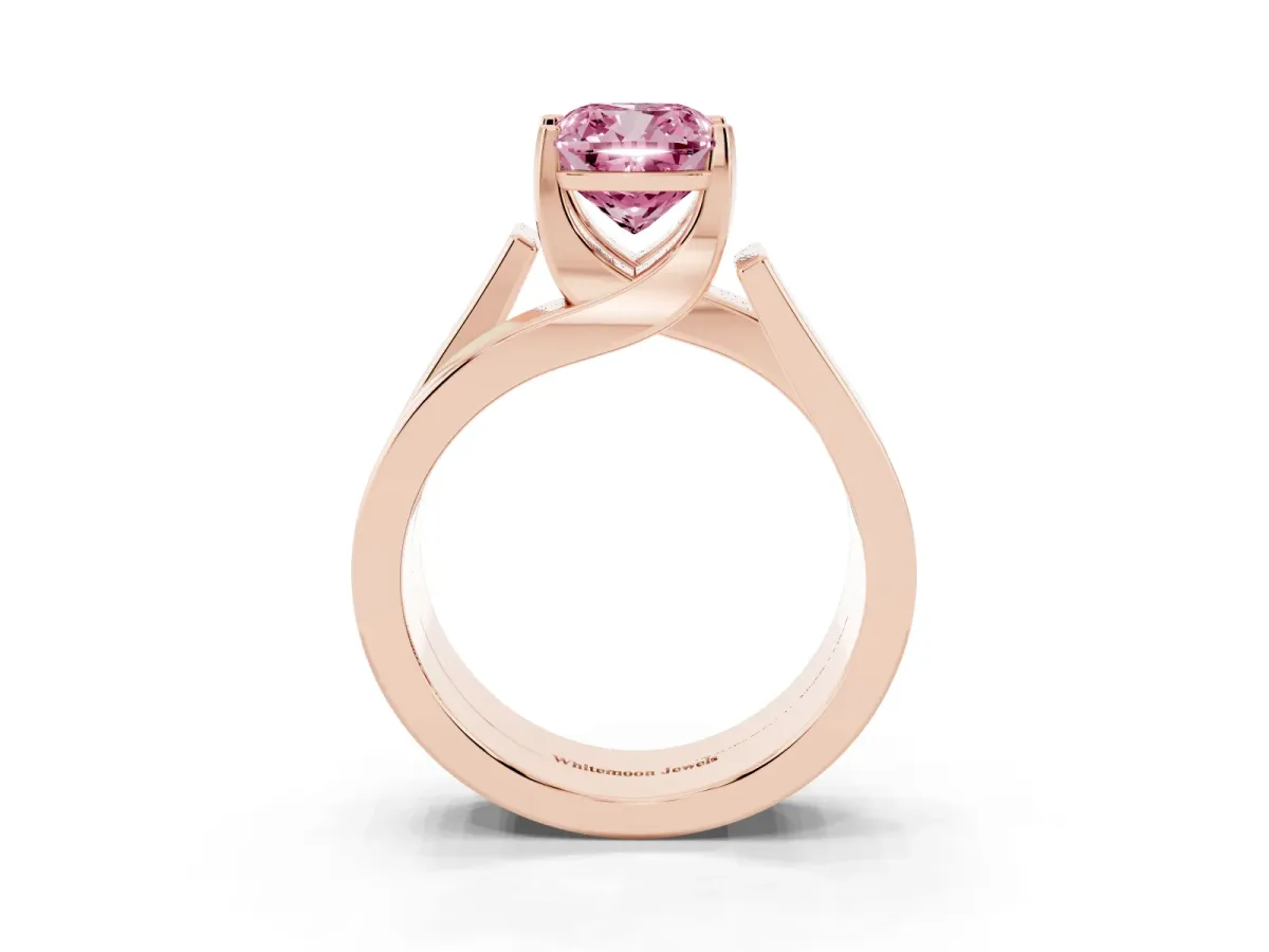Fancy Pink Modern Tension Set Cushion Cut Diamond Solitaire Wide Band Ring Rose gold