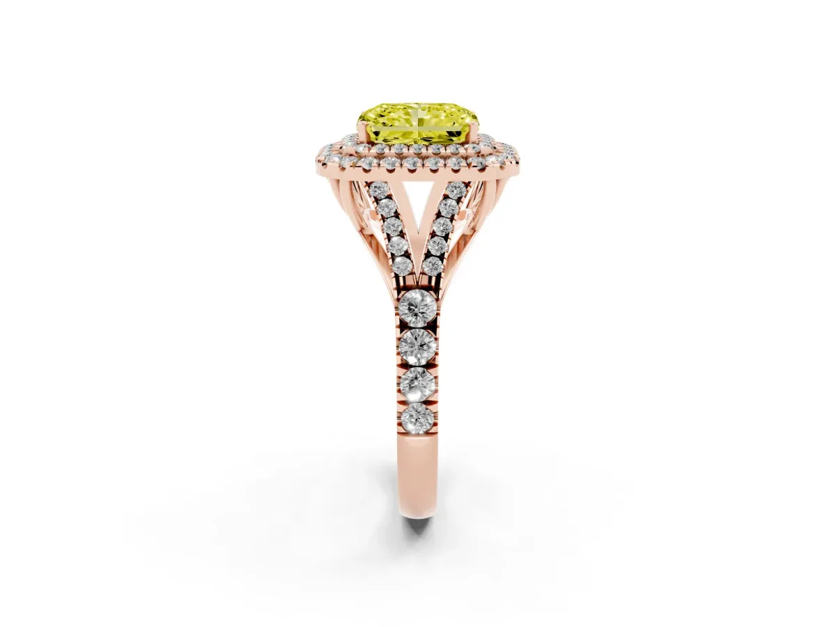 Fancy Yellow Radiant Cut Diamond Pavé Split Shank Double Halo Engagement Ring Rose gold