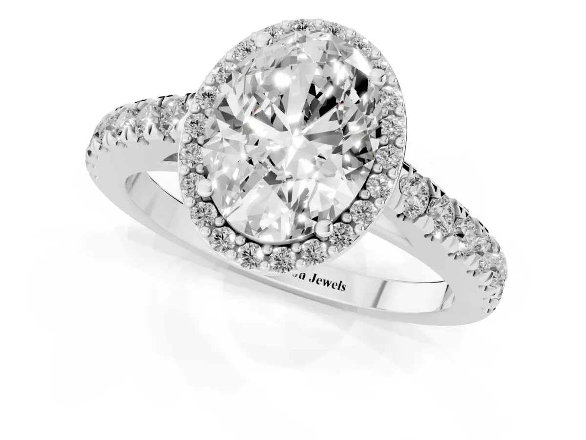 Oval Cut Cut Halo Diamond Engagement Ring with Pave Band and Four-Prong Setting Silver