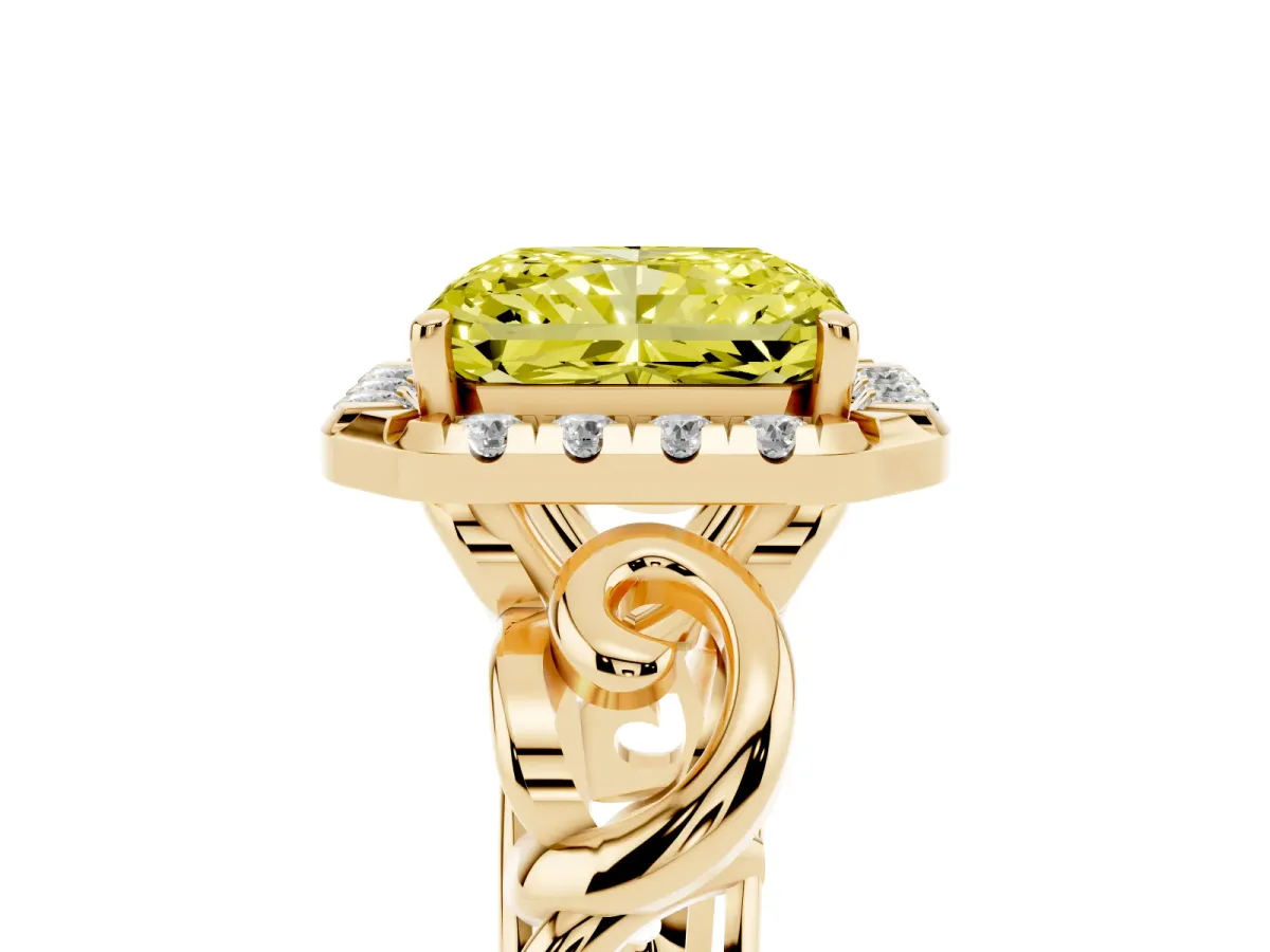 Fancy Yellow Radiant Cut Cut Halo Diamond Ring with Scrollwork Band and Four-Prong Setting Yellow gold