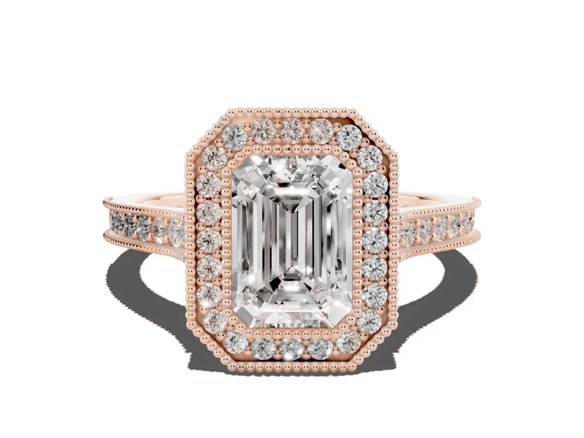 Halo Emerald Cut-Cut Diamond Pave Band Milgrain Prong Setting Ring Rose gold