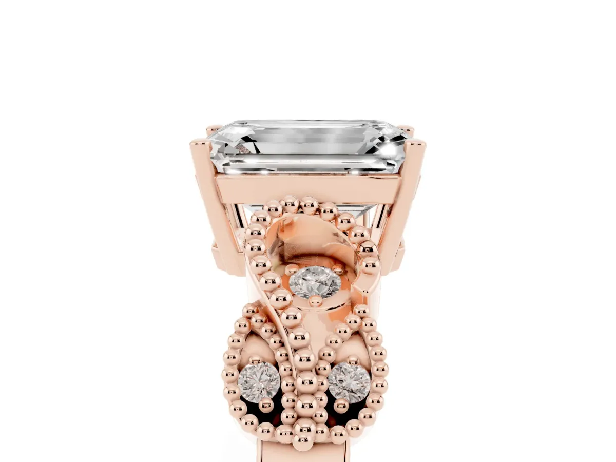 Emerald Cut Solitaire Milgrain Leaf Band with Prong Setting Rose gold
