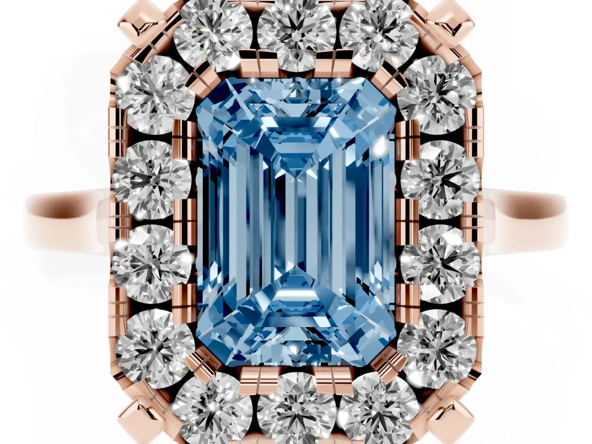 Fancy Blue Emerald Cut Diamond Cluster Halo Solitaire with Four-Prong Setting Rose gold