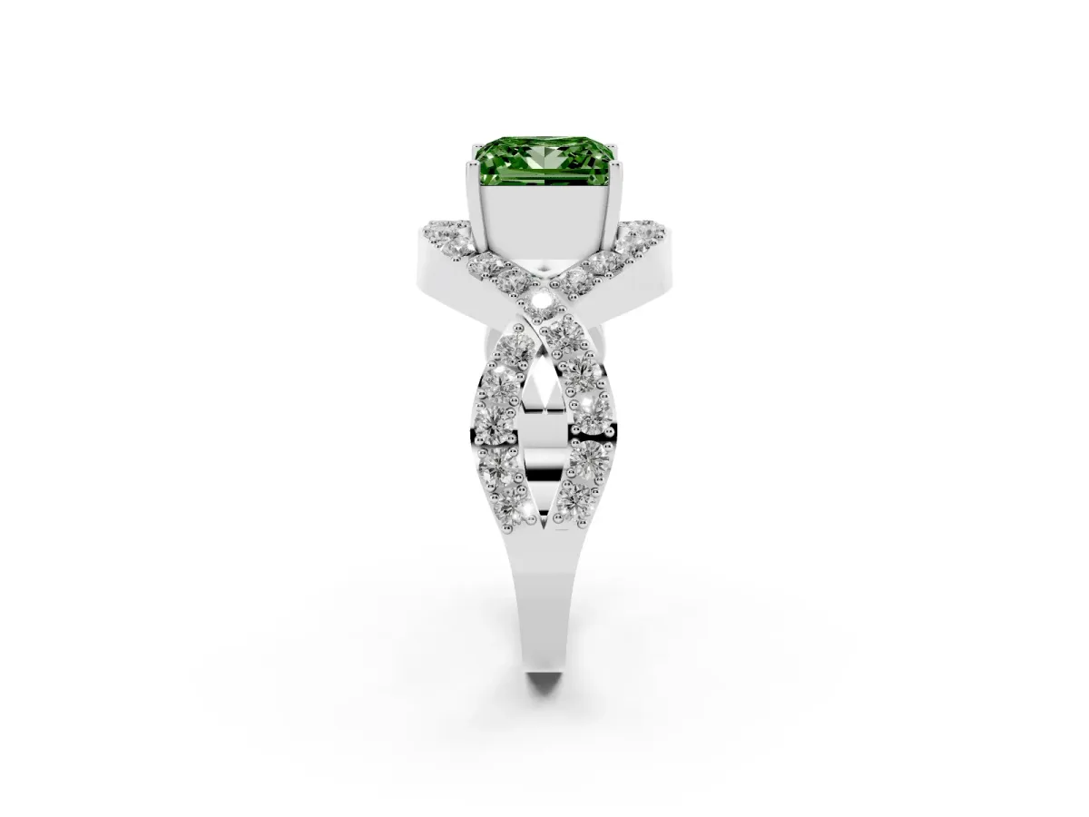 Fancy Green Princess Cut Solitaire Twist Band Pavé Diamond Engagement Ring Silver