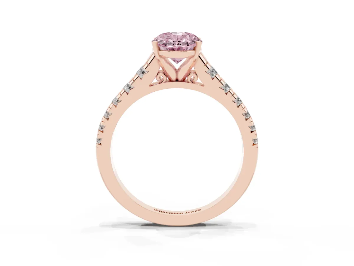 Fancy Pink Oval Cut Diamond Cathedral Solitaire Ring with Round Pavé Band Rose gold