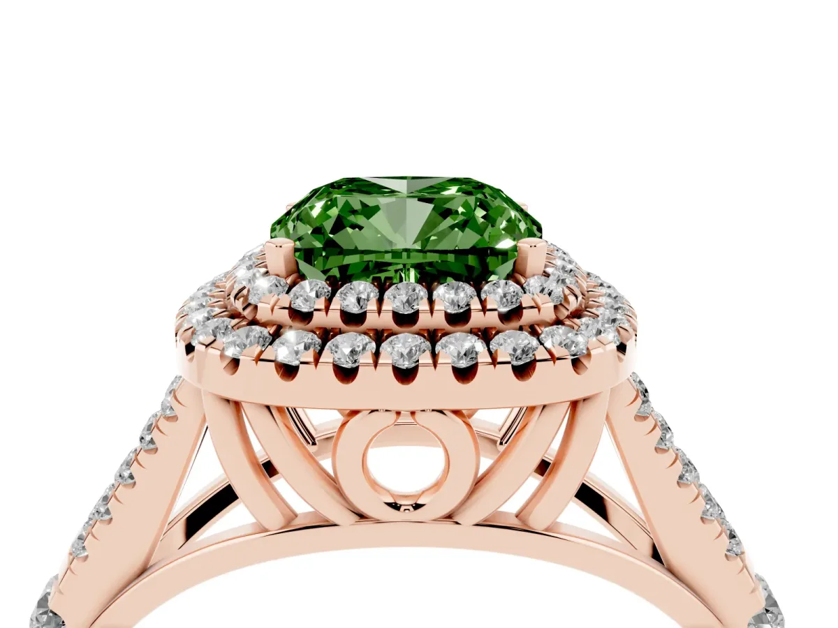 Fancy Green Cushion Cut Diamond Pavé Split Shank Double Halo Engagement Ring Rose gold