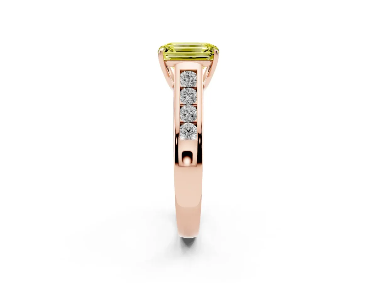 Fancy Yellow Emerald Cut Solitaire Channel-Set Diamond Engagement Ring with Four-Prong Setting Rose gold