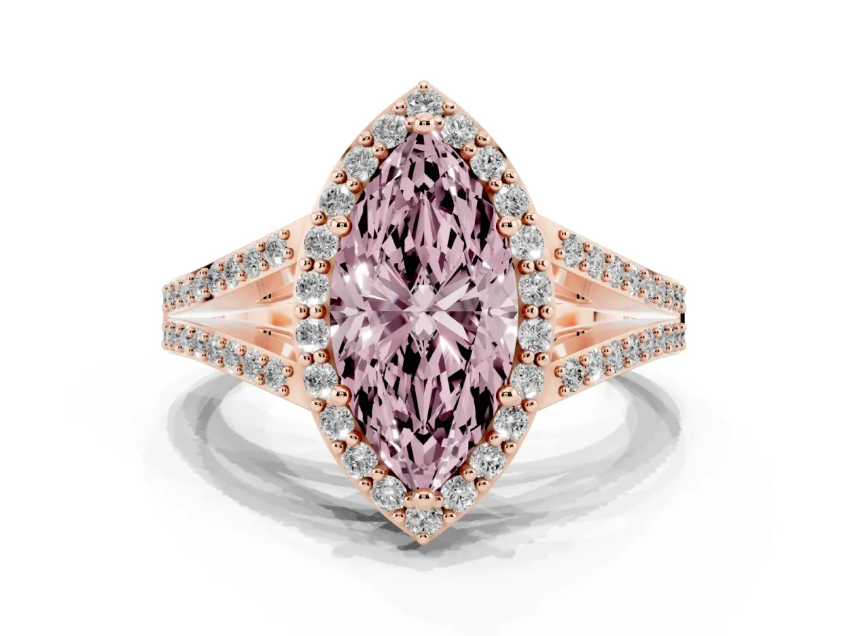 Fancy Pink Marquise Cut Halo Split Shank Diamond Ring with Prong Setting Rose gold