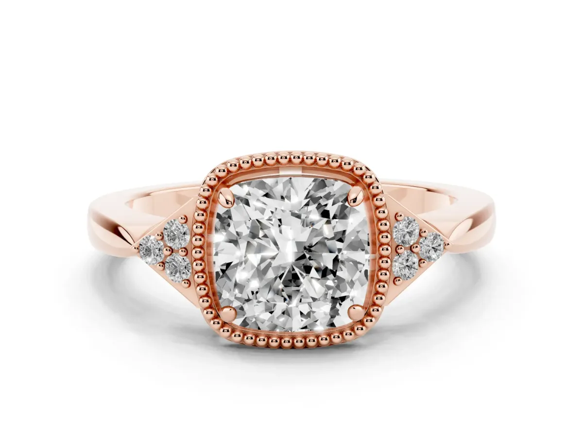 Hexagonal Halo Cushion Cut Diamond Solitaire with Pavé Band and Four-Prong Setting Rose gold