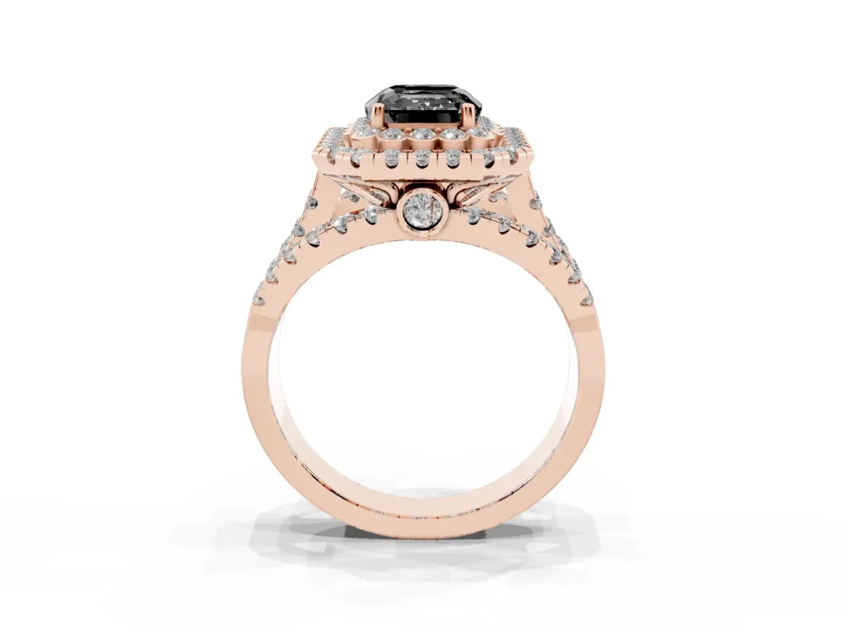 Fancy Black Emerald Cut Diamond Double Halo Ring with Round Pavé Split Shank and Prong Setting Rose gold
