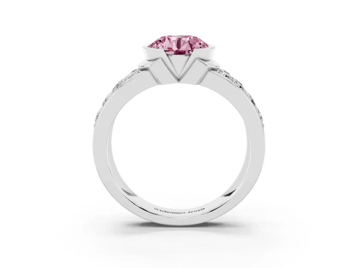Fancy Pink Round Cut Brilliant Diamond Channel Set Wide Band Ring with Bezel Setting White gold