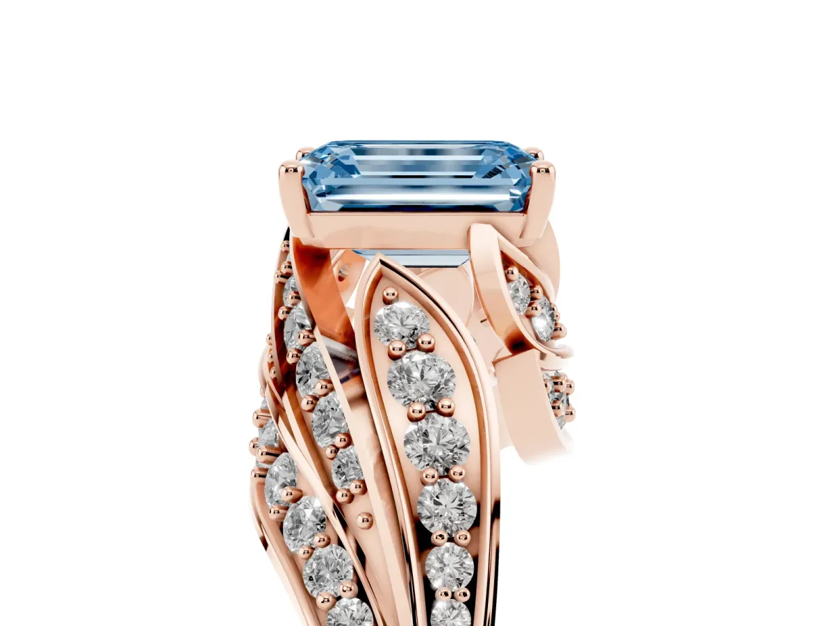 Fancy Blue Emerald Cut Diamond Solitaire Ring with Prong Setting and Twisted Pavé Band Rose gold