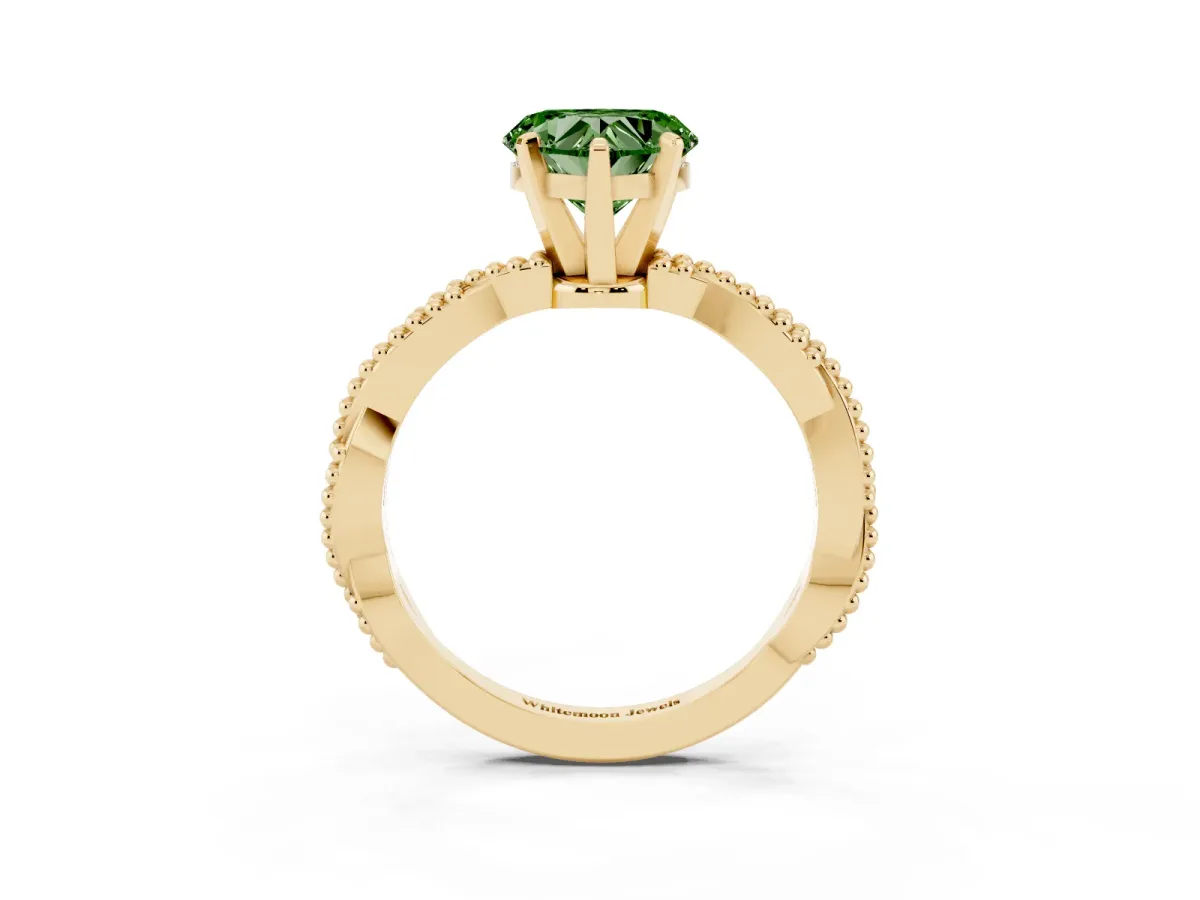 Fancy Green Heart Cut Solitaire Twisted Band with Bead Prong Setting Yellow gold