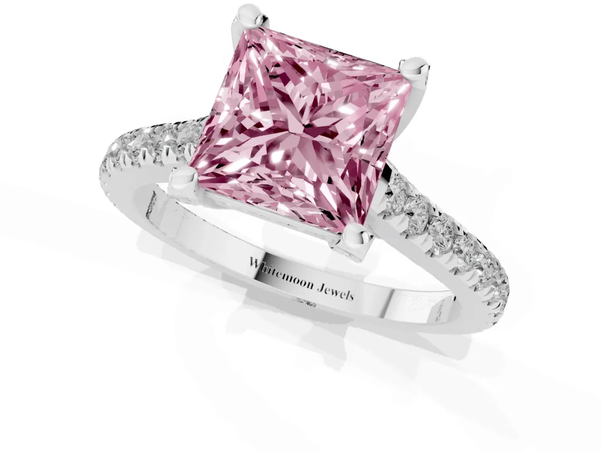 Fancy Pink Princess Cut Brilliant Diamond Solitaire with Pavé Band and Four-Prong Setting Silver