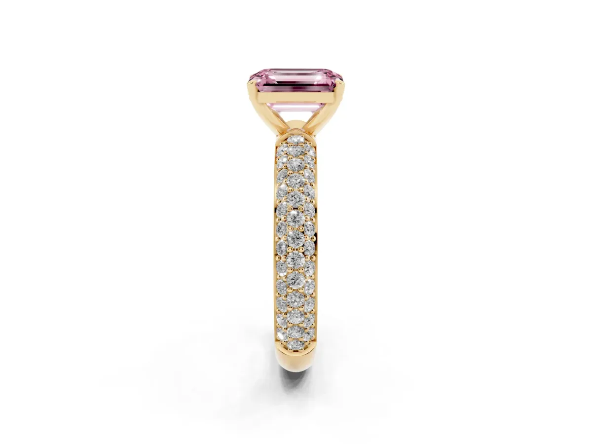 Fancy Pink Emerald Cut Diamond Solitaire Ring with Prong Setting and Pavé Band Yellow gold