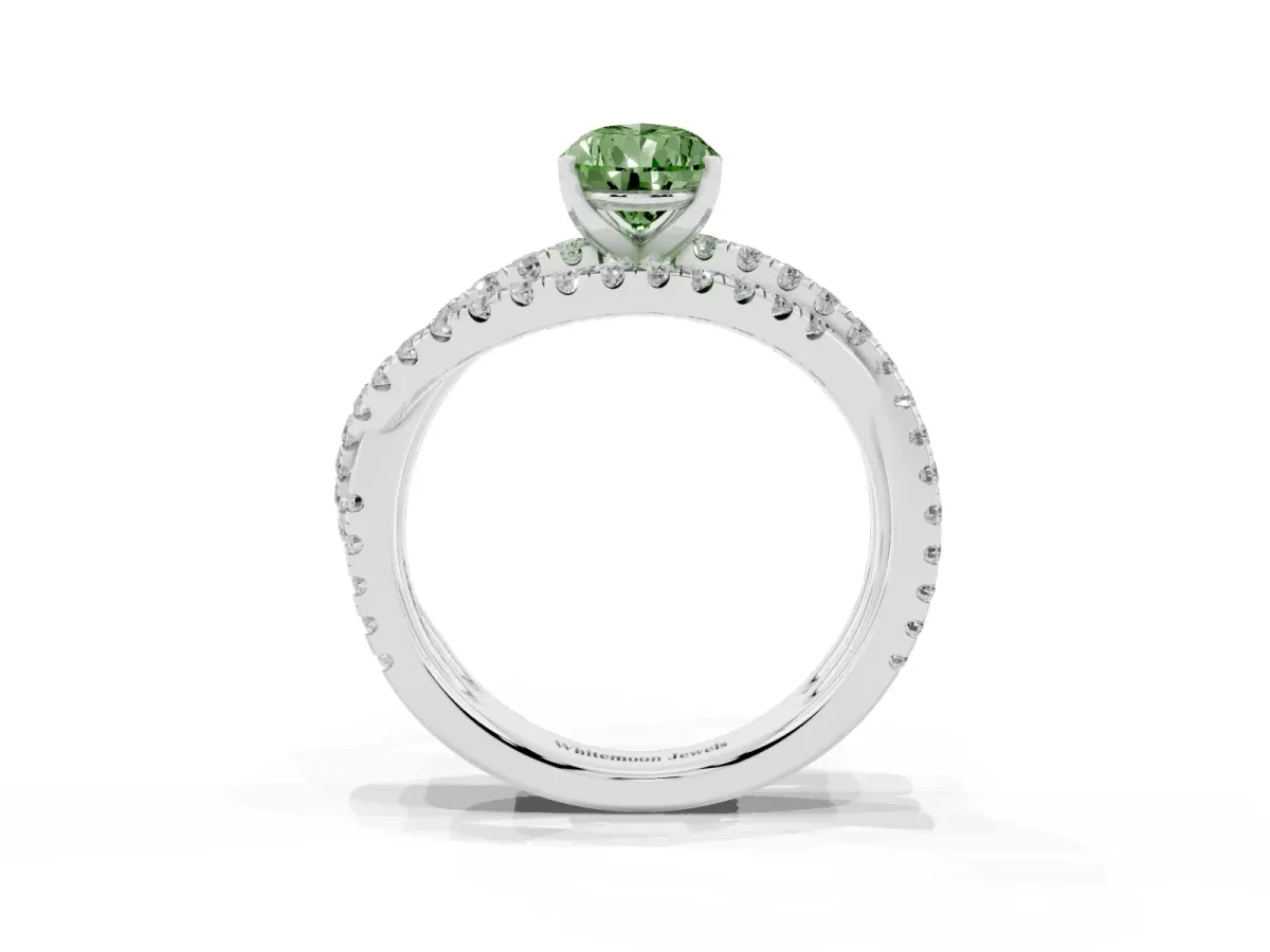 Fancy Green Pear Cut Solitaire Twist Band with Pavé Setting and Four-Prong Setting Silver