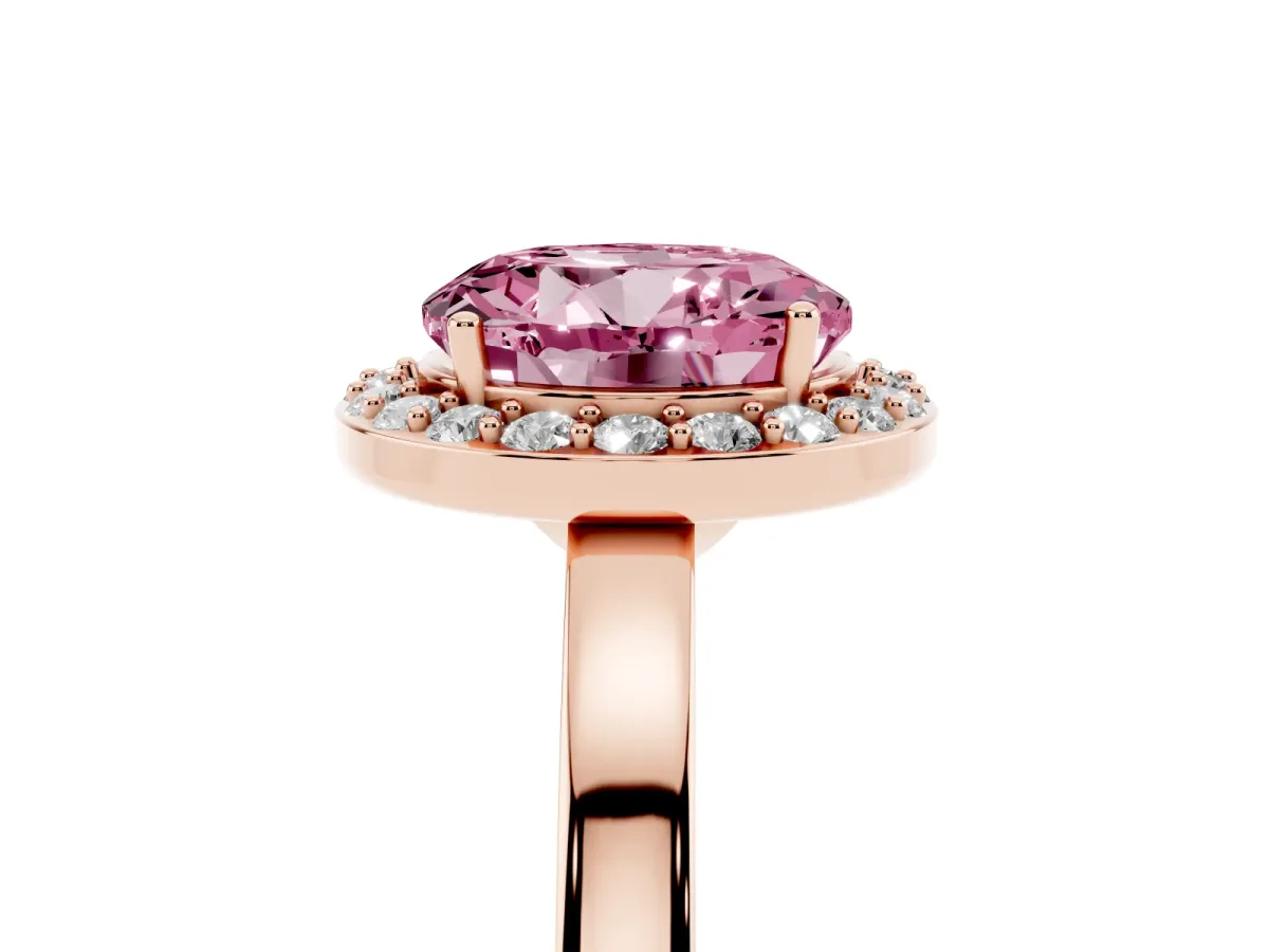 Fancy Pink Round Cut Halo Diamond Ring with Solitaire Band and Prong Setting Rose gold
