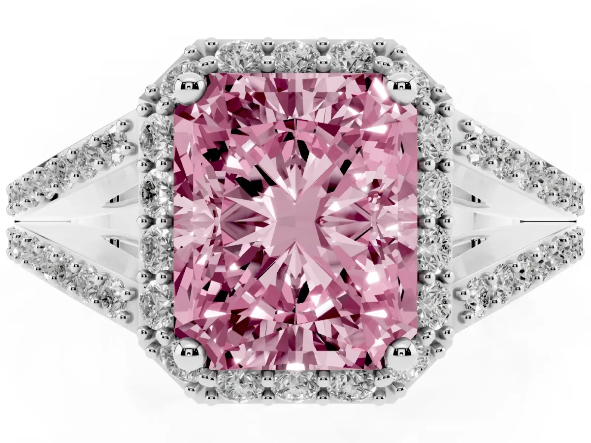 Fancy Pink Radiant Cut Halo Split Shank Diamond Ring with Prong Setting Silver