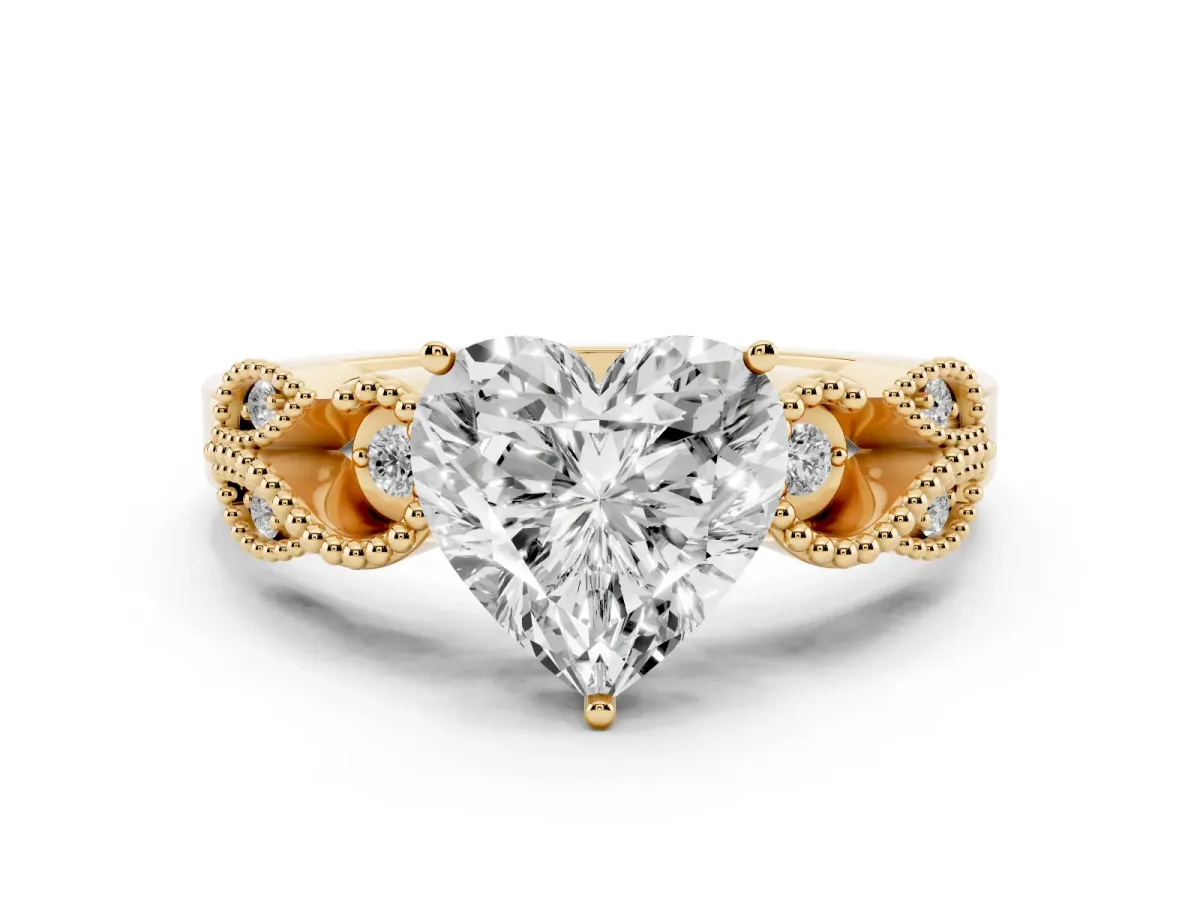 Heart Cut Solitaire Milgrain Leaf Band with Prong Setting Yellow gold