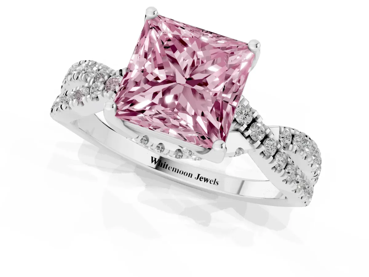 Fancy Pink Princess Cut Solitaire Twist Pave Diamond Engagement Ring with Prong Setting Silver