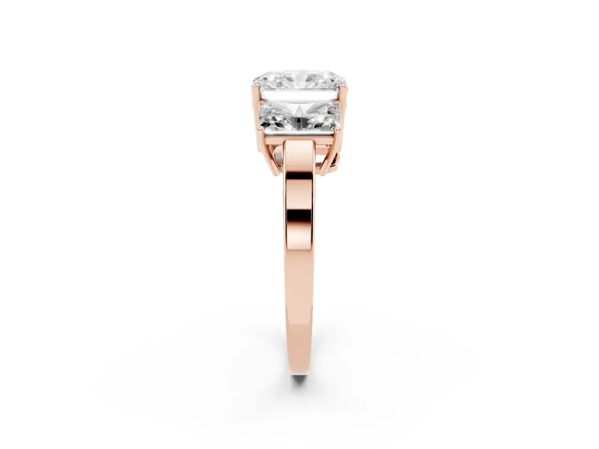 Three-Stone Radiant Cut Cut Diamond Engagement Ring with Flat Band and Four-Prong Setting Rose gold