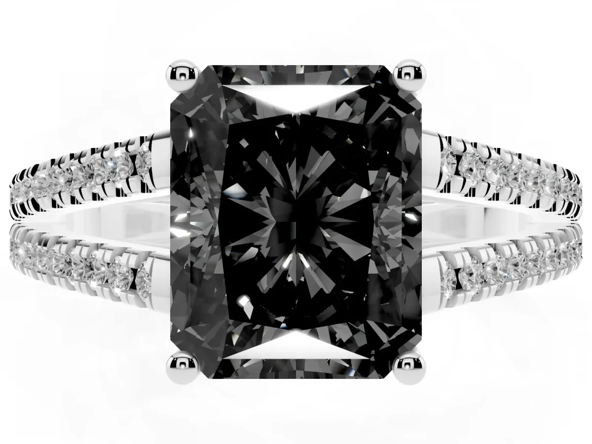 Fancy Black Radiant Cut Diamond Solitaire Engagement Ring with Split Shank Pavé Band Platinum
